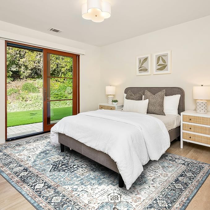 Area Rug 8×10, Large Vintage Boho Rug,Ultra-Soft Low Pile, Washable, Non Slip,Stain Resistant, Printed Carpet for Living Room Bedrooms Playroom Office Kitchen, Blue/Navy