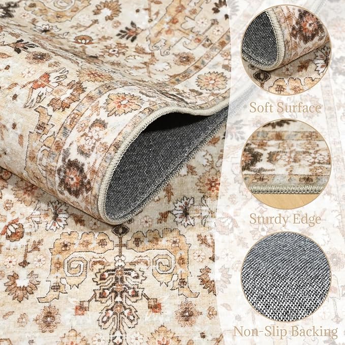 2'x6' Washable Runner Rug Utral Soft Lightweight Vintage Boho Distressed Non-Slip Backing,Low Pile Stain Resistant Farmhouse Rug for High-Traffic Hallway, Kitchen & Laundry