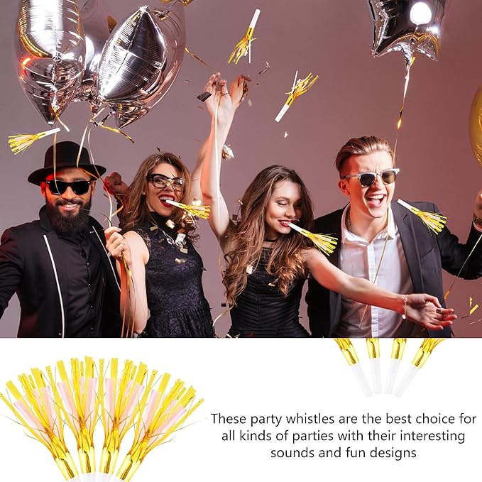 36 Pieces Glitter Metallic Fringed Noisemakers Musical Party Blowers Blowouts Whistle Party Blow Horns for New Years Birthday Party Supplies Sporting Event Celebrations (Pink)