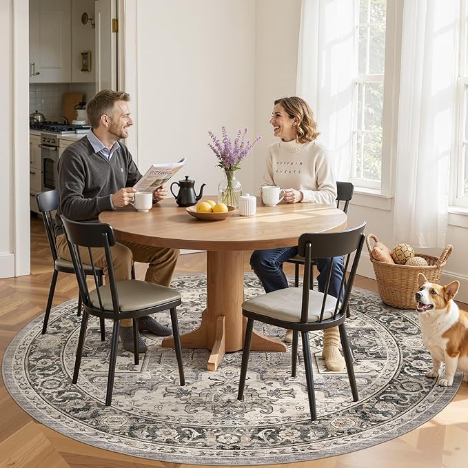 Area Rug for Living Room - 8x8 Soft Machine Washable Oriental Vintage Floral Distressed Large Indoor Floor Carpet for Bedroom Under Dining Table Home Office Decor - Brown