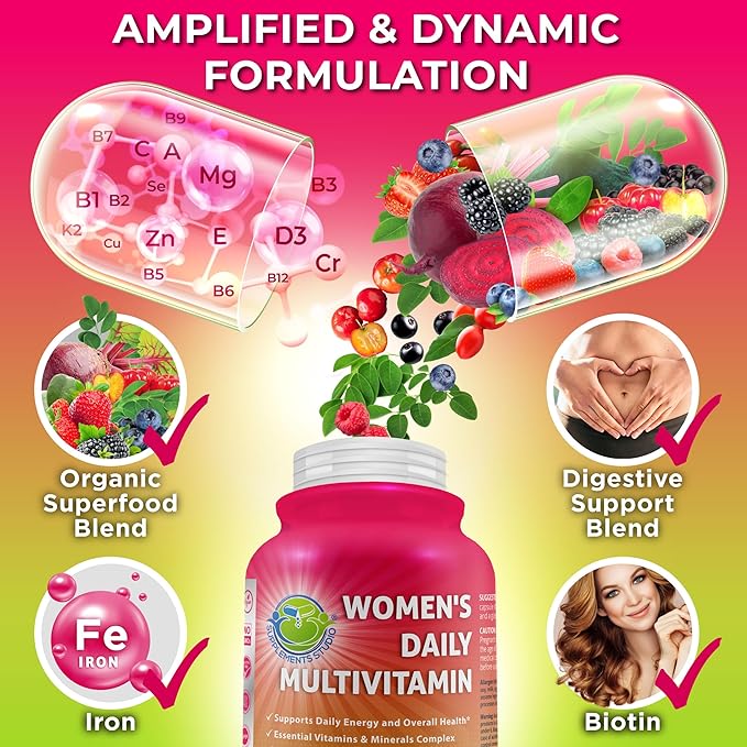 Women's Daily Multivitamin with Iron - Vegan Methylated Multivitamin for Women with Biotin, Organic Superfoods, Probiotics, B-Complex - Energy, Gut & Optimal Health Support – Easy to Swallow Capsules