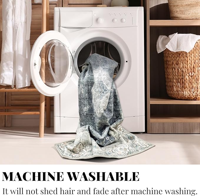 MUJOO Blue Grey Area Rug Small Rugs Boho Machine Washable Rugs Non Slip for Entryway Kitchen Bathroom Bedroom Vintage Soft Low-Pile 2'x3' Flowers