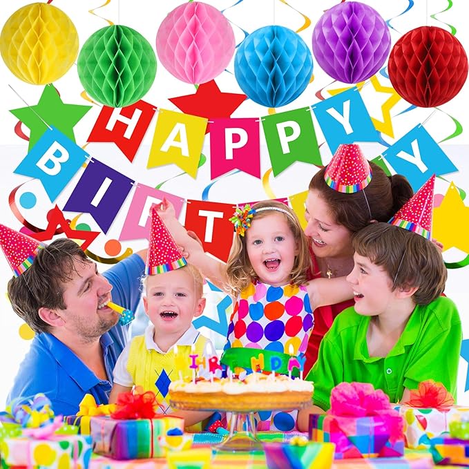 meowtastic Birthday Decorations, Happy Birthday Banner with Honeycomb Balls, Stars Hanging Swirls Streamers, Circle Dots Garland, Happy Birthday Party Decorations for Women Men Boys Girls (Rainbow)