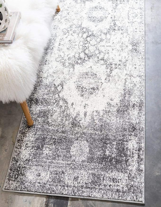 Unique Loom Rosso Collection Traditional, Vintage, Medallion, Border, Distressed, Southwestern Area Rug, 2 ft x 6 ft, Gray/Ivory