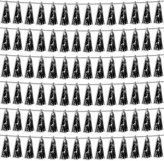 6P Black Foil Fringe Metallic Tassel Streamers Banner Tassel Garland for Parade Floats, Bachelorette, Wedding, Birthday, Graduation, Christmas, Bridal/Baby Shower Party Decorations