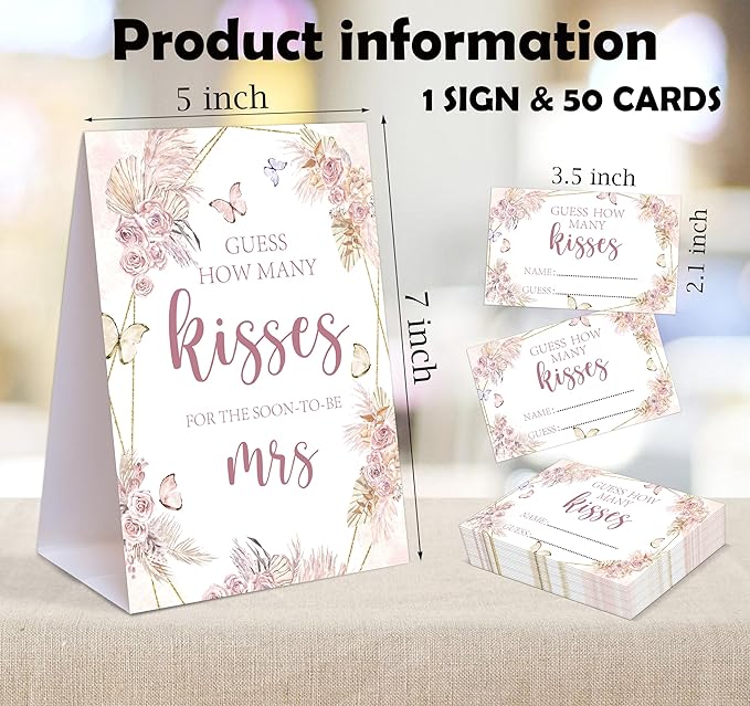 Boho Floral How Many Kisses for the Soon to Be Mrs, 1 Tabletop Sign and 50 Cards, How Many Kisses Bridal Shower Game for Bachelorette Night Wedding Event & Party Supplies