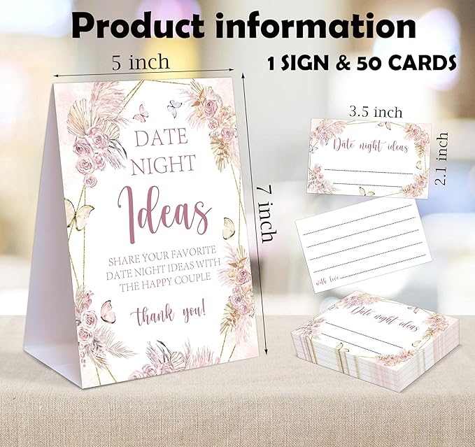 Boho Butterfly Themed Share Your Date Night Ideas Game, 1 Tabletop Sign and 50 Cards, Bridal Shower Games 50 Guests, Wedding Shower Games for Bachelorette Night Wedding Event & Party Supplies