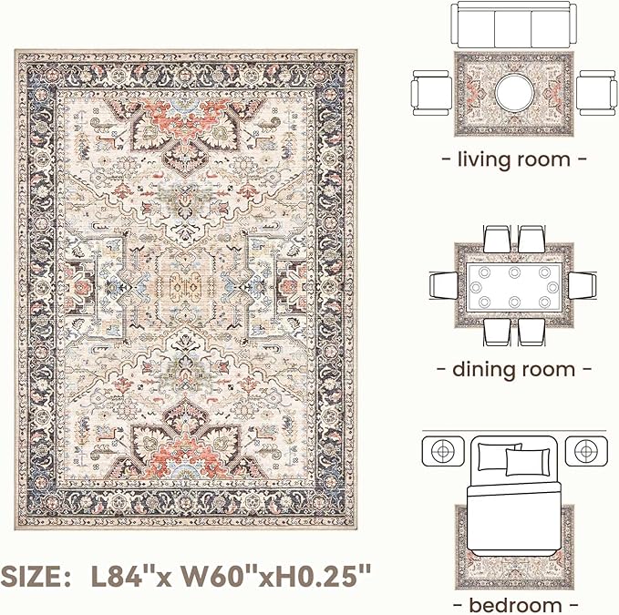 Area Rug 5x7 for Living Room - Washable Oriental Vintage Floral Distressed Large Indoor Carpets with Non Slip Back for Bedroom Dining Room Nursery Office Home Decor -Multi