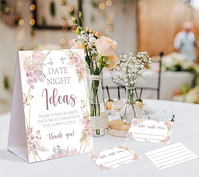 Boho Butterfly Themed Share Your Date Night Ideas Game, 1 Tabletop Sign and 50 Cards, Bridal Shower Games 50 Guests, Wedding Shower Games for Bachelorette Night Wedding Event & Party Supplies