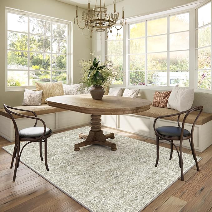 Washable Area Rugs 5'x7' Non-Slip Vintage Boho Distressed Fade Resistant Low Pile Carpet for High-Traffic Living Room, Bedroom & Dining Room