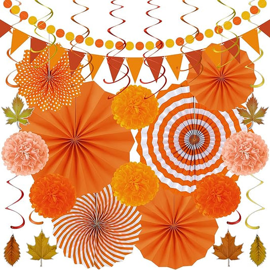 27PCS Thanksgiving Decorations, Happy Thanksgiving Banner, Orange Yellow Harvest Pompom Garland Paper Fan Hanging Swirls for Fall Harvest Party Decorations Decor Accessories Indoor Outdoor Supplies