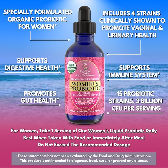 USDA Organic Liquid Probiotic for Women | PH Balance, UT, & Feminine Health | Digestive Support, Immune & Gut Health | 15 Clinically Studied Strains | 98% Absorption | Vegan, Non-GMO | 40 Servings