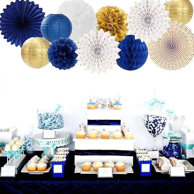 Navy-Blue White Gold Party-Decorations - 20pcs Graduation 2025 Paper Lanterns Fans,Tissue Pom Poms,Honeycomb Ball,Birthday Bridal Celebration Bachelorette Baby Shower Wedding Homecoming Decor Burgleda