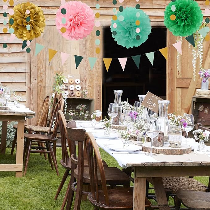 Sage-Green Pink-Gold Baby Bridal-Shower Decorations - 30pcs Rustic Wedding Tissue Pom Poms,Tassel Garland Banner,Birthday Bachelorette Engagement Valentines Mothers Day Party Decor Lasting Surprise