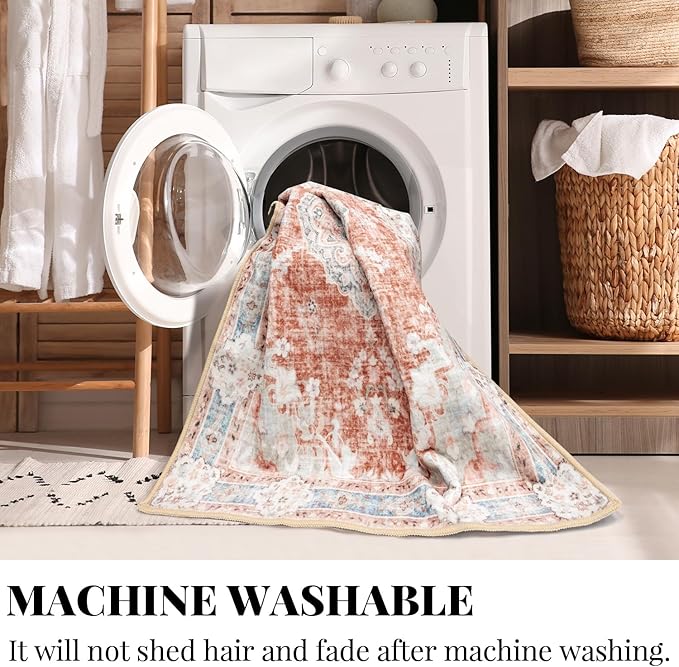 MUJOO Boho Round Rug 6ft,Circle Washable Area Rugs for Bedroom Living Room Bathroom, Large Vintage Distressed Non Slip Circular Carpet,Orange Navy Blue Floral