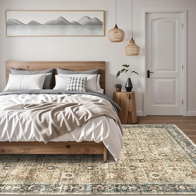 ReaLife Rugs Machine Washable Area Rug Runner - Living Room Bedroom Bathroom Kitchen Entryway Office - Padded Low Pile Stain Resistant Premium - Boho Farmhouse Vintage - Dua - Brown Gray Beige 3'x5'