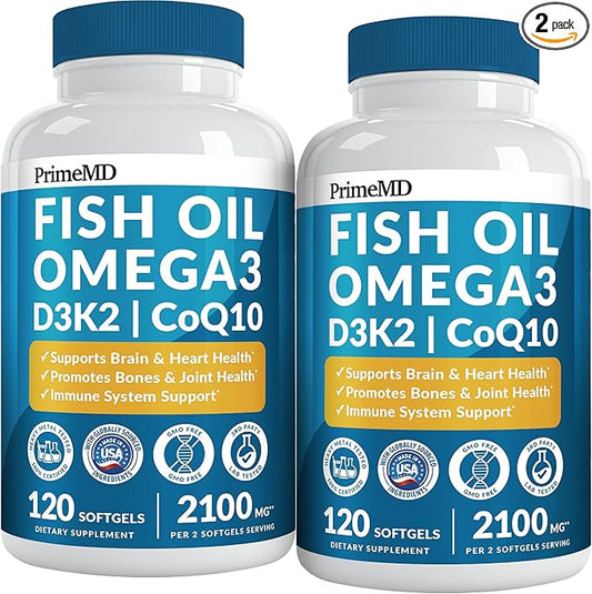 5-in-1 Fish Oil Omega 3 Supplements (2100mg) - Fish Oil with Vitamins D3 & K2 and CoQ10 - EPA DHA Omega 3 Supplement - Lemon Flavored Fatty Acid Supplements, Pack of 2