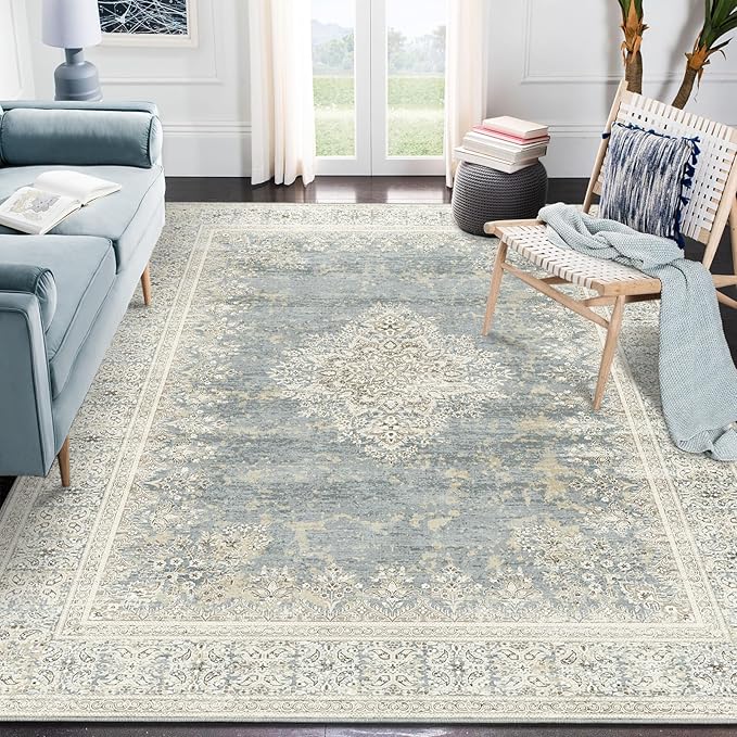 Area Rug 7x9, Washable Gray Vintage Rug, Traditional Floor Cover Thin Rug, Retro Indoor Distressed Non Slip Carpet, Floral Print Mat Living Room Bedroom (Grey/Light Camel, 7X9)
