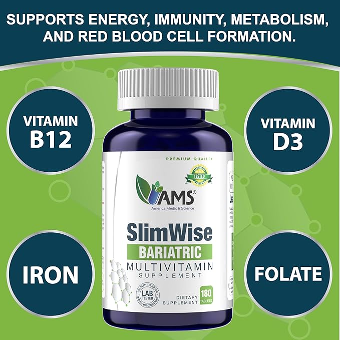 America Medic & Science SlimWise Bariatric Multivitamin – 180 Caplets | 2-Month Supply | Post Gastric Bypass & Sleeve Support | Iron, B12, Vitamin D3, Folate | Easy-to-Swallow Bariatric Vitamins