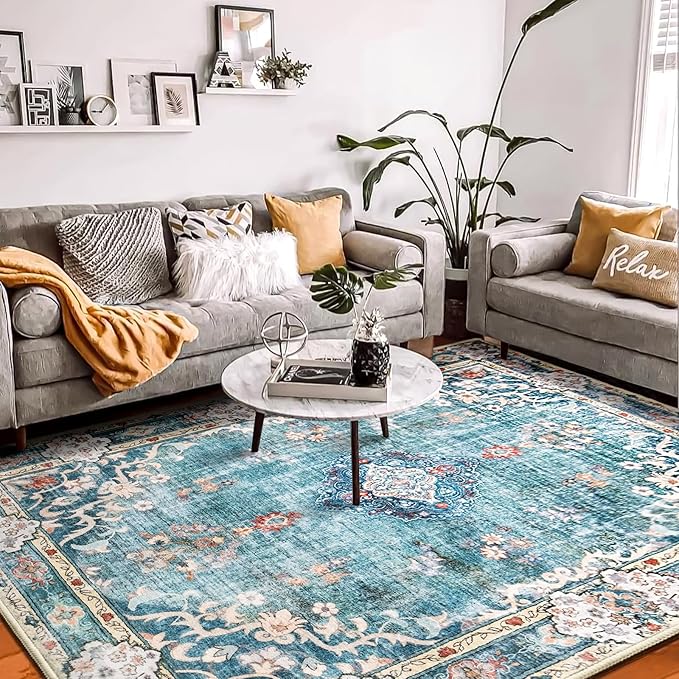MUJOO Teal Rug 8'x10' Area Rugs for Living Room Blue Washable Rugs Large Rug Boho Rug 8'x10' for Bedroom Non Slip Abstract Soft Low-Pile Floral Colorful Flowers
