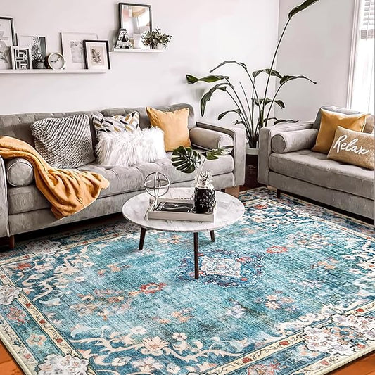 MUJOO Teal Rug 8'x10' Area Rugs for Living Room Blue Washable Rugs Large Rug Boho Rug 8'x10' for Bedroom Non Slip Abstract Soft Low-Pile Floral Colorful Flowers