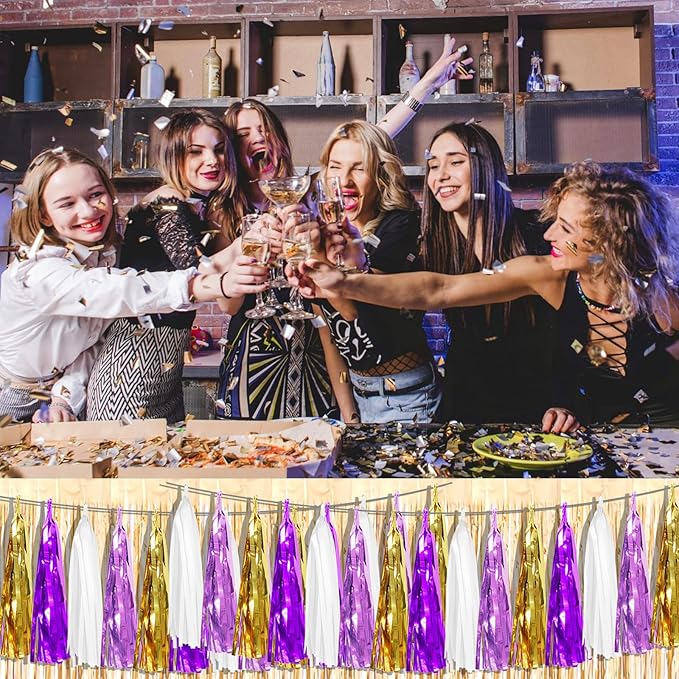 6P Purple-Gold Party Decoration Tassel Garland, Tassels Banner Streamers for Parade Floats, Bachelorette, Wedding, Birthday, Graduation, Christmas, Bridal/Baby Shower Party Decorations