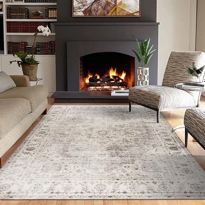 ReaLife Rugs Machine Washable Area Rug - Living Room Bedroom Bathroom Kitchen Entryway Office - Padded Low Pile Stain Resistant Premium - Boho Farmhouse Vintage - Joy - Beige Ivory 5' x 7'