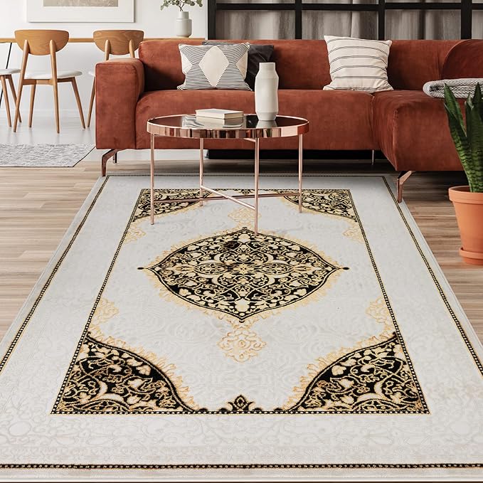 Antep Rugs Babil Gold 5x7 Oriental Bordered High Low Textured Traditional Indoor Area Rug, Beige Black, 5'3" x 7'