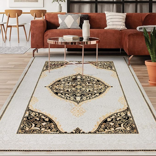 Antep Rugs Babil Gold 5x7 Oriental Bordered High Low Textured Traditional Indoor Area Rug, Beige Black, 5'3" x 7'