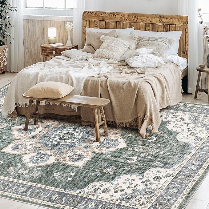 Area Rug for Living Room - 9x12 Soft Washable Oriental Vintage Floral Distressed Large Carpet - Fade Stain Resistant Non Slip Rugs for Bedroom Dining Room Nursery Dorm Office Home Decor - Green