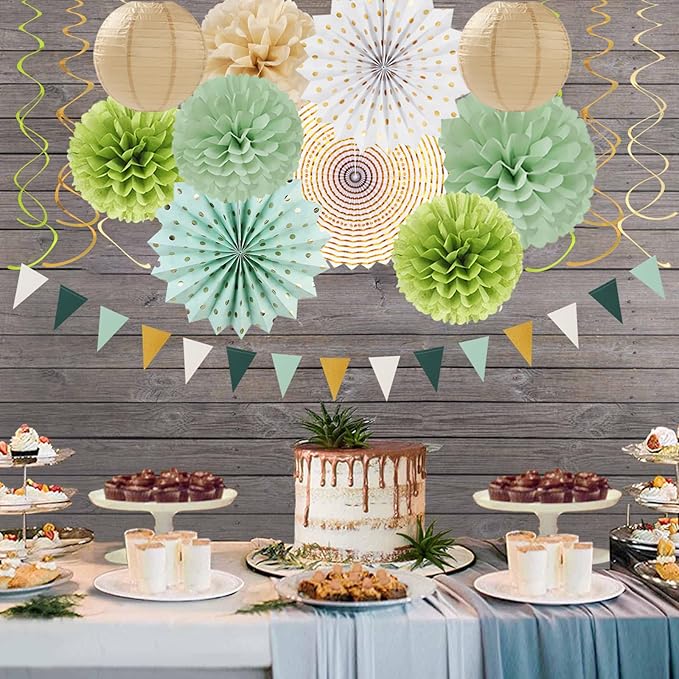 Sage-Olive Green Gold Brown Boho Party-Decorations - 33pcs Paper Lanterns Fan, Banner,Streamers Tassel Garland,Tissue Pom Poms,Baby Bridal Shower Birthday Wedding Bachelorette Engagement Decor Hugtmr