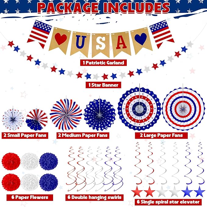 26 PCS 4th of July Decorations, Red White Blue Paper Fans in Patriotic Designs, 4th of July Banner Pompom Star Garland and Hanging Swirls Set for Fourth of July Independence Day Party Supplies Decor