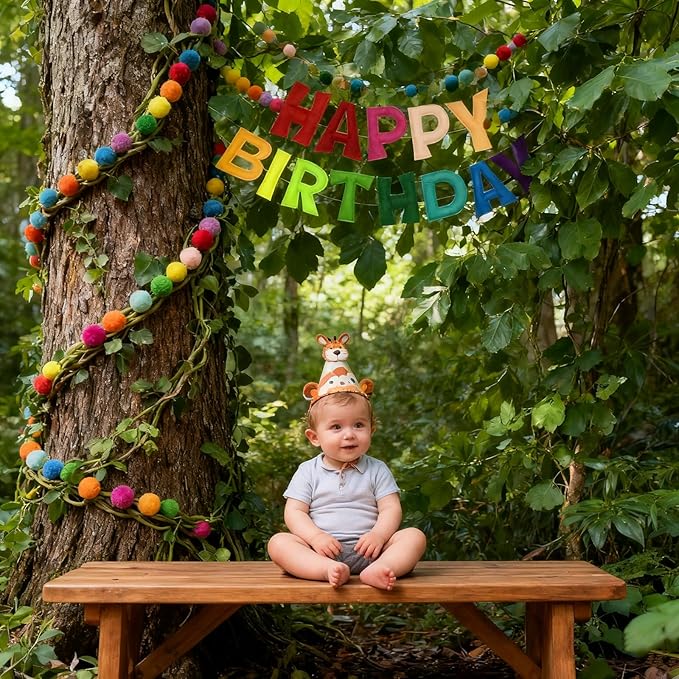 Pre-Strung Happy Birthday Banner Felt Ball Garland Reusable Happy Birthday Garland Pom Pom Party Decor Colorful Thread Tassel Rainbow Party Decorations for Girls Boys Women Men