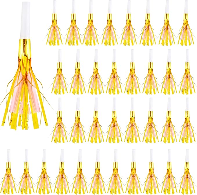 36 Pieces Glitter Metallic Fringed Noisemakers Musical Party Blowers Blowouts Whistle Party Blow Horns for New Years Birthday Party Supplies Sporting Event Celebrations (Pink)