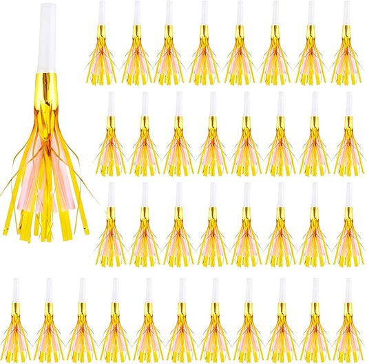 36 Pieces Glitter Metallic Fringed Noisemakers Musical Party Blowers Blowouts Whistle Party Blow Horns for New Years Birthday Party Supplies Sporting Event Celebrations (Pink)
