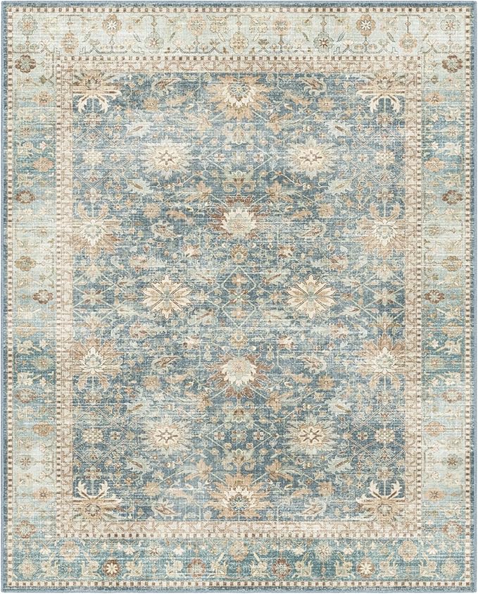 8x10 Vintage Living Room Area Rug - Large Soft Washable Indoor Floor Oriental Farmhouse Rugs for Bedroom, Home Office House Decor, Ocean Terracotta