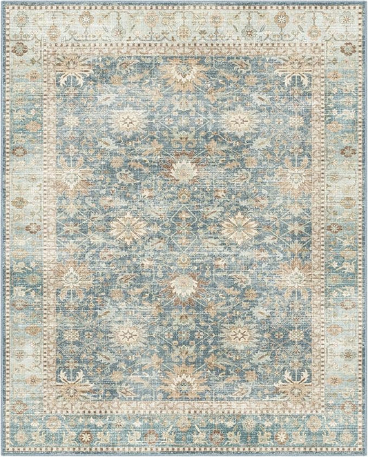 8x10 Vintage Living Room Area Rug - Large Soft Washable Indoor Floor Oriental Farmhouse Rugs for Bedroom, Home Office House Decor, Ocean Terracotta