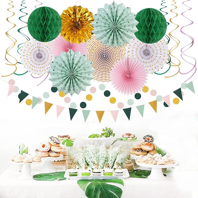 Sage-Green Pink Gold Party-Decorations - 33pcs Kits Tissue Pom Poms Honeycomb,Banner,Streamers Tassel Garland,Paper Lantern Fans, Wedding Engagement Bachelorette Birthday Baby Bridal Shower Hugtmr