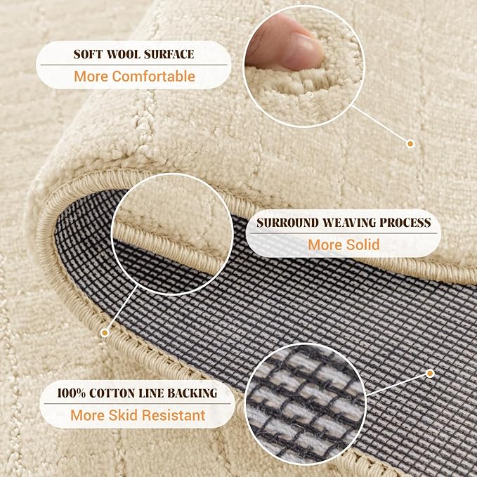 Shilucheng Wool Rug 4x7 Ft, 80% New Zealand Wool& 20% Cotton Rugs for Living Room, Bedroom, Soft Low Pile Area Rug 100% Cotton Non-Slip Backing Large Area Rug (Beige/White)