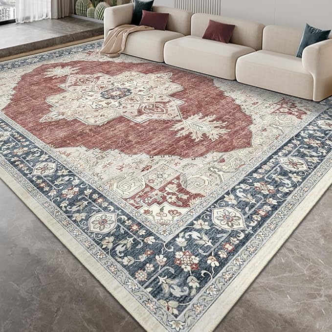 9X12 Washable Vintage Area Rug Boho Chic Medallion Distressed Design Non-Shedding Easy Care Ideal for High Traffic Areas in Living Room Bedroom Office Large Carpet (Brick/Beige, 9x12)
