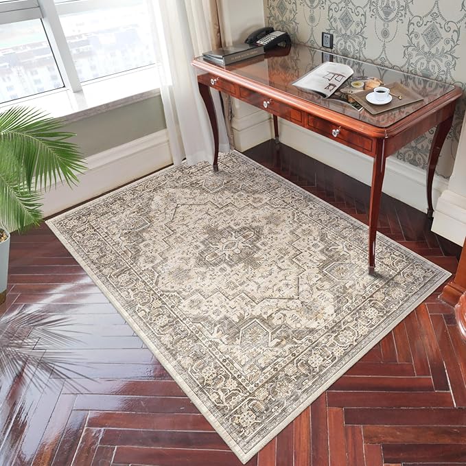 Area Rug 5x7 Rugs for Living Room, Area Rugs Washable Rugs, Vintage Rug for Bedroom Dinning Room, Home Decor Living Room Area Rugs (Brown Beige 5X7)