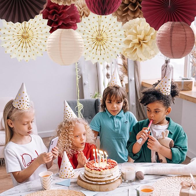 Burgundy Brown Beige Boho Party-Decorations - 20pcs Dusty Pink Fall Birthday Paper Lanterns Fans,Tissue Pom Poms,Honeycomb Balls,Autumn Wedding Bridal Shower Rustic Neutral Baby Decor Burgleda