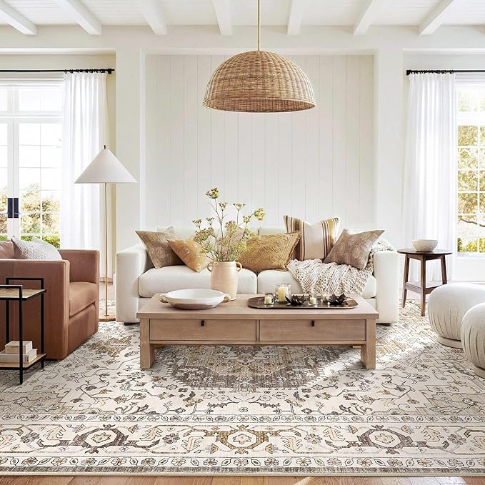 Area Rug for Living Room - 8x10 Soft Washable Oriental Vintage Floral Distressed Large Carpet - Fade Stain Resistant Non Slip Rugs for Bedroom Dining Room Nursery Dorm Office Home Decor-Camel/Beige