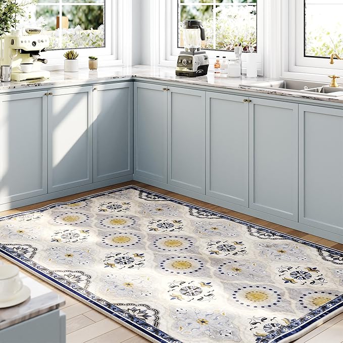 EnHomee Washable Area Rugs 4x6, Soft Area Rug for Living Room Bedroom, Boho Non Slip Low Pile Stain Resistant Washable Rug Large Carpet for Dining Room,Easy to Clean Living Room Rug, Blue