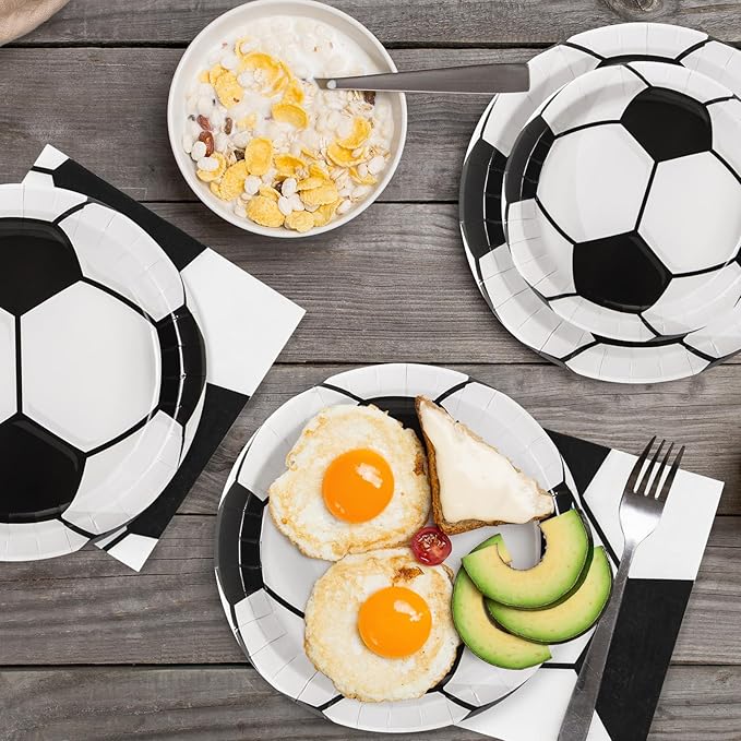 96pcs Party Plates Soccer Tableware Set Black and White Kid's Birthday Party Paper Plates Round for 24 Guests Disposable Table Supplies Picnic Soccer Party (Include Plates, Cups and Napkins)