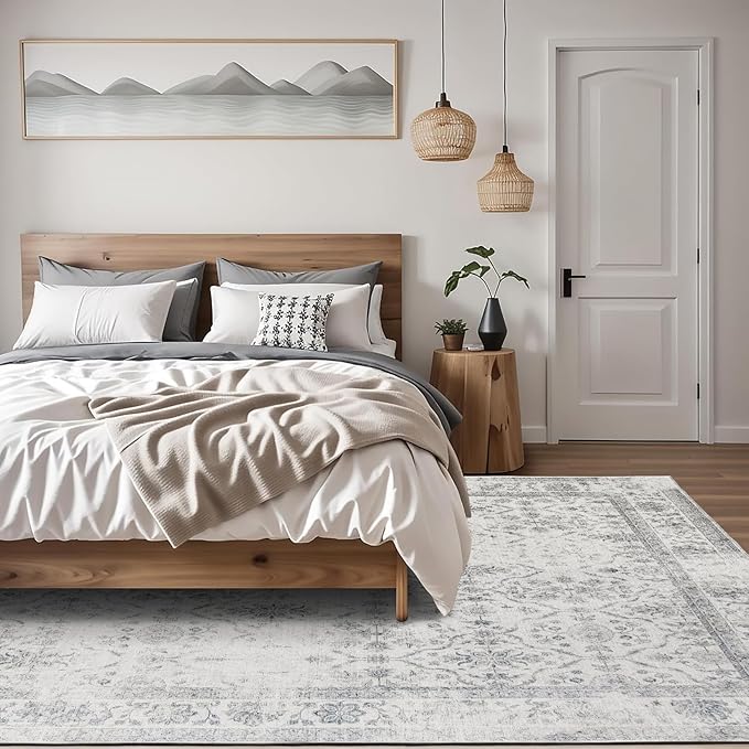 ReaLife Rugs Machine Washable Area Rug Runner - Living Room Bedroom Bathroom Kitchen Entryway Office - Padded Low Pile Stain Resistant Premium - Boho Farmhouse Vintage - Noor - Ivory Grey 3' x 5'