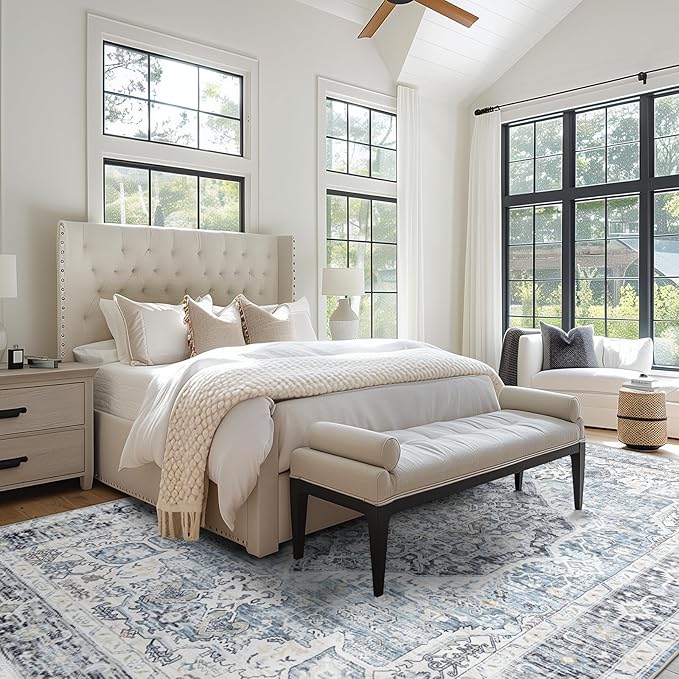 Area Rug 8×10, Large Vintage Boho Rug,Ultra-Soft Low Pile, Washable, Non Slip,Stain Resistant, Printed Carpet for Living Room Bedrooms Playroom Office Kitchen, Light Blue