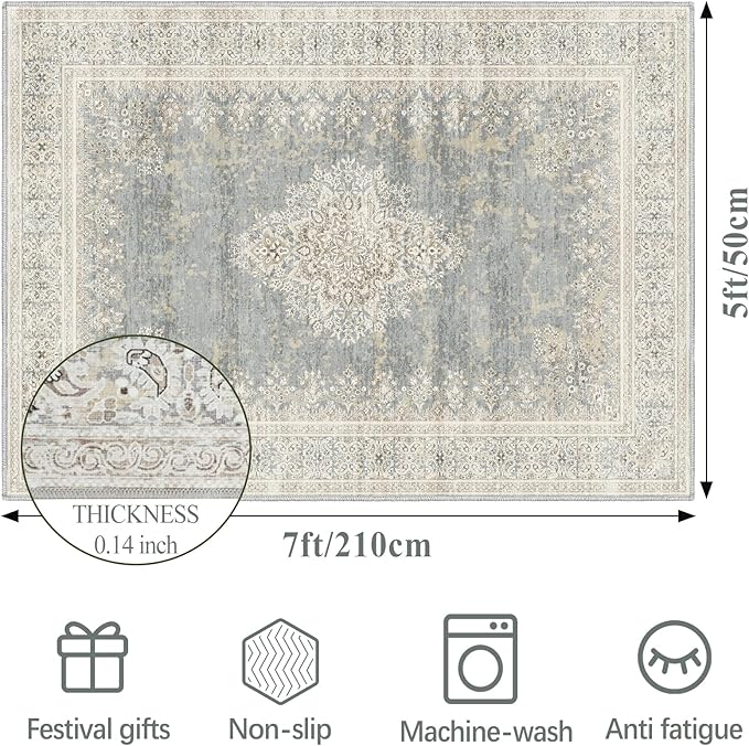 5x7 Area Rugs for Living Room,Non Slip Indoor Boho Area Rug Carpet Home Décor for Entryway, Bedroom, Dining Room, Beige Grey
