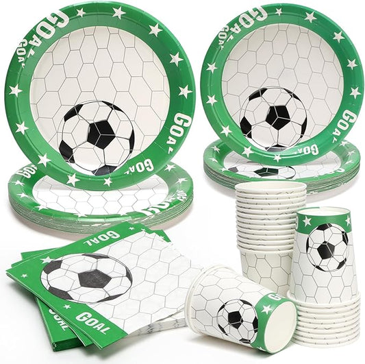 96pcs Party Plates Soccer Tableware Set Green and White Kid's Birthday Paper Plates Round for 24 Guests Disposable Table Supplies Picnic Soccer Party (Include Plates, Cups and Napkins)