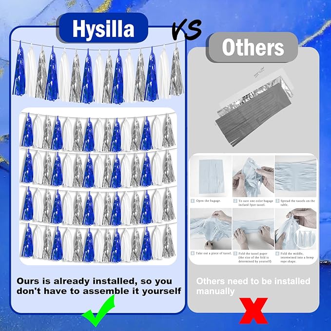 6P Navy-Blue White-Silver Tassel Garland Banner, Tassels Banner Streamers for Parade Floats, Bachelorette, Wedding, Birthday, Graduation, Christmas, Bridal/Baby Shower Party Decorations